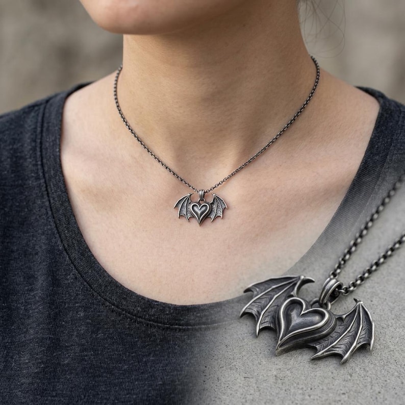 Sterling Silver Bat Wing Heart Necklace, Gothic Pendant, Oxidized Dark Romance Jewelry image 2