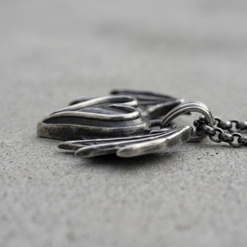 Sterling Silver Bat Wing Heart Necklace, Gothic Pendant, Oxidized Dark Romance Jewelry image 4