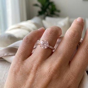 Morganite Engagement Ring Rose Gold, Blush Solitaire with Pave Band, Gilded Sterling Silver, Champagne Pink Promise Ring, Made to Order image 2