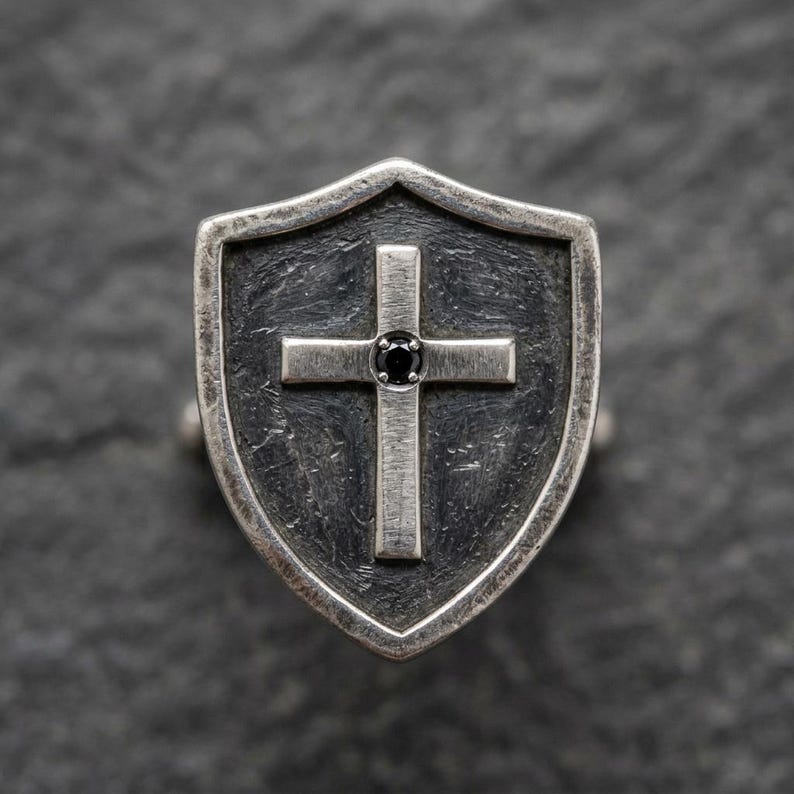 Manschettknappar i sterlingsilver med kors, manschettknappar med oxiderad gotisk sköld, manschettknappar med svart sten för män, gåva till marskalk, tillverkade på beställning bild 3