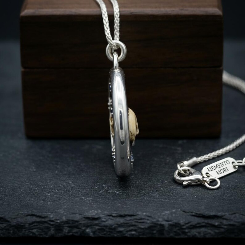 Memento Mori Skull and Crescent Moon Necklace, Oxidized Sterling Silver Pendant with Lab-Created Blue Stones, Made to Order image 4