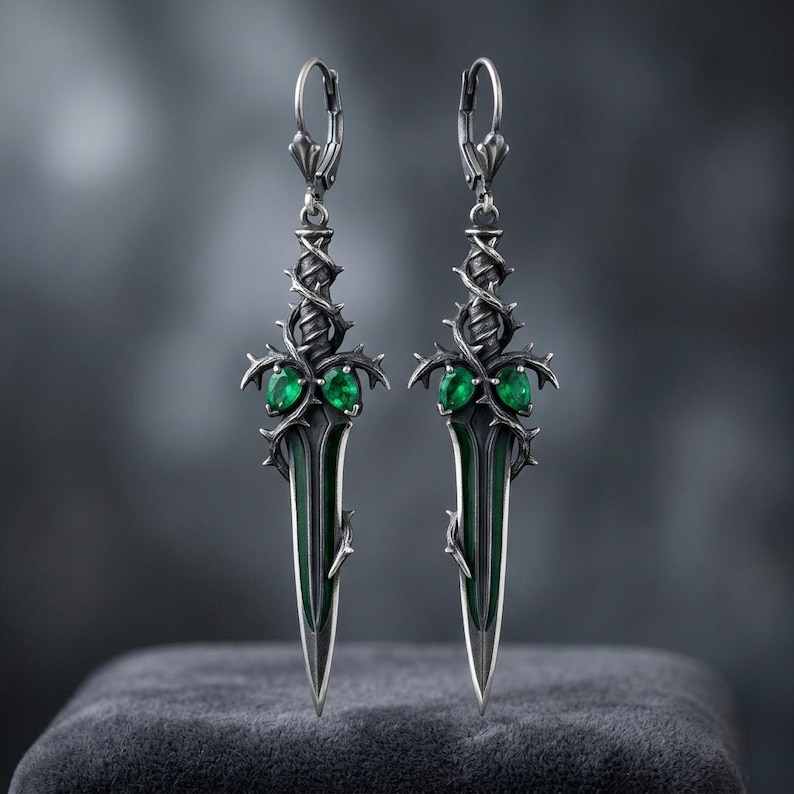 Gothic Thorn Dagger Earrings, Sterling Silver Briar Blades with Lab-Created Emerald, Oxidized, Made to Order image 1