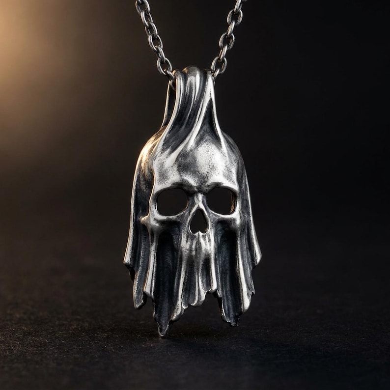 Sterling Silver Skull Pendant, Shrouded Memento Mori Necklace, Gothic Halloween Jewelry, Made to Order image 3