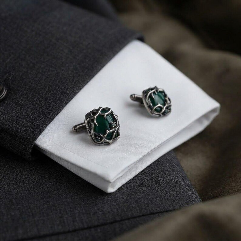 Thorn Cufflinks in Sterling Silver — Oxidized Briar Cage Around a Deep Green Cabochon, Gothic Wedding Cufflinks, Made to Order image 2