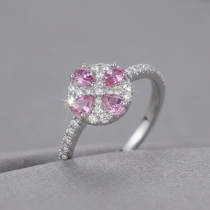 Pink Sapphire Ring Sterling Silver, Dainty Clover Flower Cluster Ring, Pave Promise Ring, Pastel Anniversary Gift, Made to Order image 1