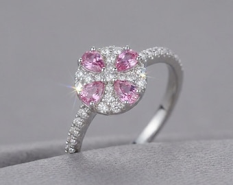 Bague en argent sterling et saphir rose, délicate bague en forme de trèfle, bague de promesse pavée, cadeau d'anniversaire pastel, fabriquée sur commande