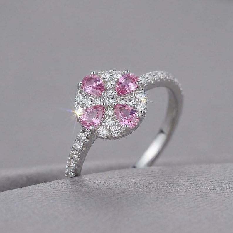 Pink Sapphire Ring Sterling Silver, Dainty Clover Flower Cluster Ring, Pave Promise Ring, Pastel Anniversary Gift, Made to Order image 1