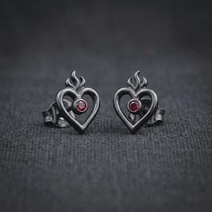 Flaming Heart Stud Earrings — Blackened Sterling Silver Sacred Heart Studs with Lab-Created Ruby, Made to Order image 1
