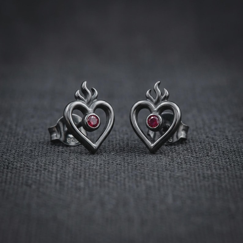 Flaming Heart Stud Earrings — Blackened Sterling Silver Sacred Heart Studs with Lab-Created Ruby, Made to Order image 1