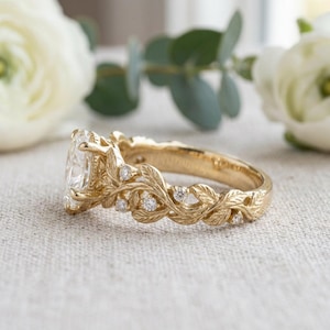 Gold Leaf Engagement Ring, Elvish Vine Ring in Gilded Sterling Silver, White Sapphire Pear or Marquise, Nature Ring, Made to Order image 3