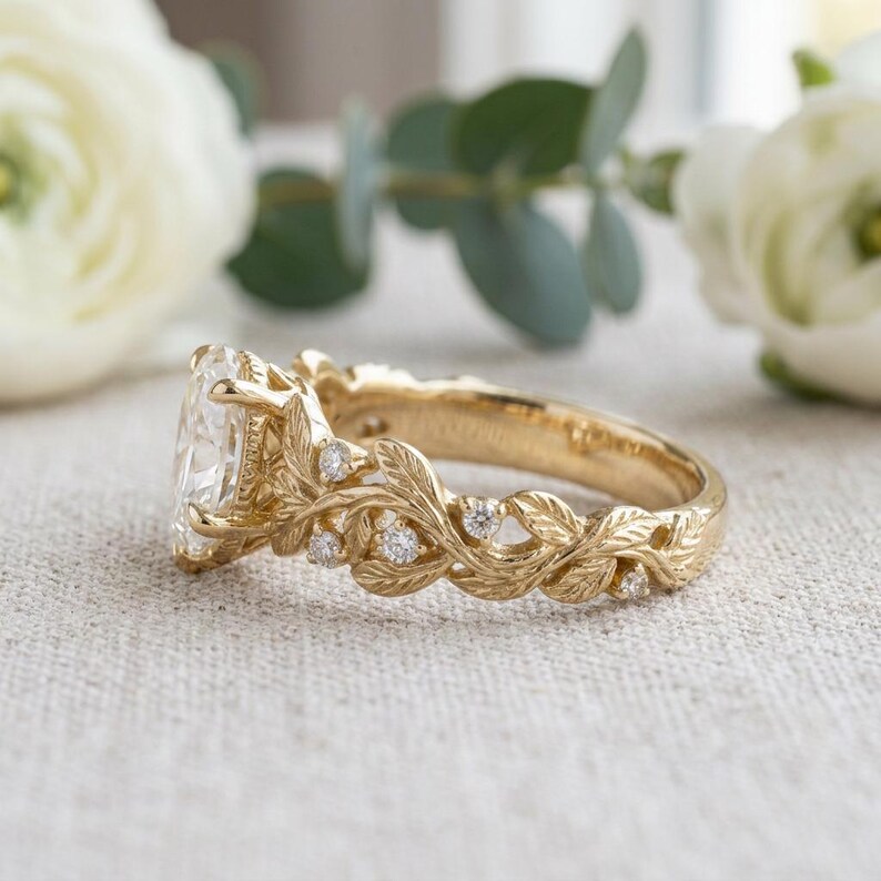 Gold Leaf Engagement Ring, Elvish Vine Ring in Gilded Sterling Silver, White Sapphire Pear or Marquise, Nature Ring, Made to Order image 3