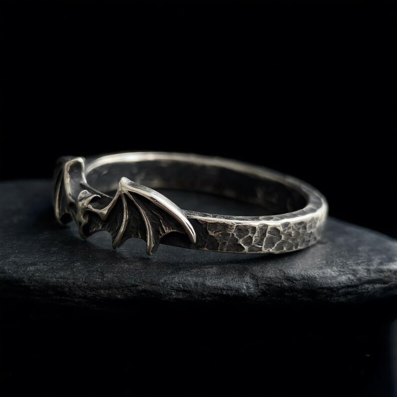Bat Ring Sterling Silver, Gothic Bat Wing Band, Oxidized Hammered Stacking Ring, Made to Order image 4