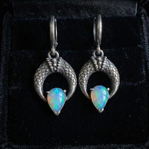 Opal Snake Earrings Sterling Silver, Oxidized Serpent Scale Huggie Hoop Dangles, Lab Created Opal Drops, Gothic Witchy Jewelry image 1