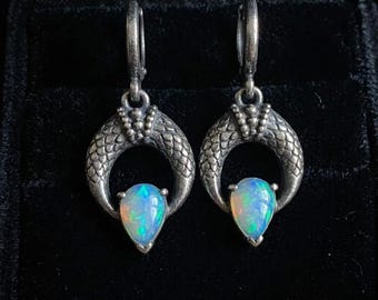 Opal Snake Earrings Sterling Silver, Oxidized Serpent Scale Huggie Hoop Dangles, Lab Created Opal Drops, Gothic Witchy Jewelry