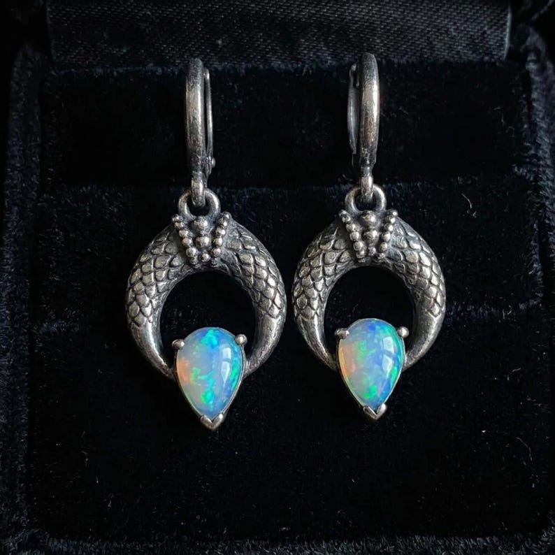 Opal Snake Earrings Sterling Silver, Oxidized Serpent Scale Huggie Hoop Dangles, Lab Created Opal Drops, Gothic Witchy Jewelry image 1