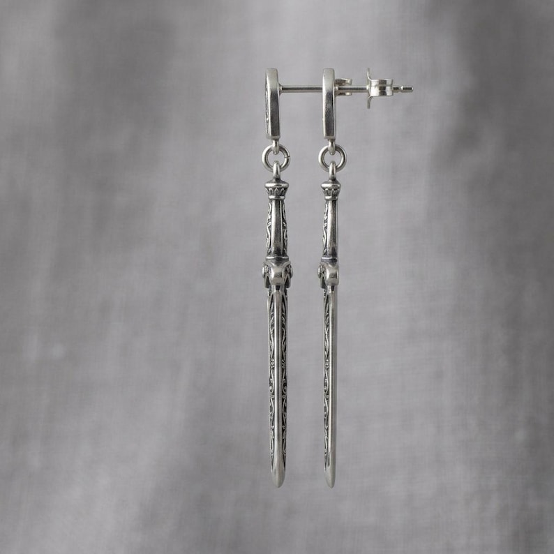Sword Earrings Sterling Silver, Gothic Dagger Drop Earrings, Cathedral Window Studs, Oxidized Medieval Jewelry, Whimsigoth, Made to Order image 3