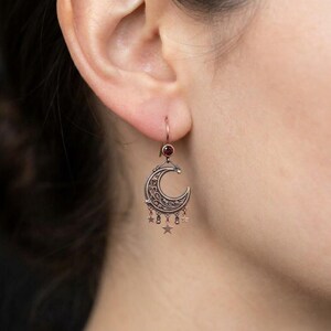 Crescent Moon Star Chandelier Earrings in Sterling Silver — Rose-Gold Gilded Filigree with Hanging Stars, Made to Order image 2
