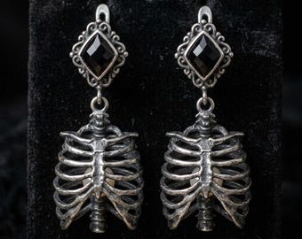 Rib Cage Drop Earrings with Cultured Pearl, Oxidized Sterling Silver Gothic Skeleton Earrings, Made to Order