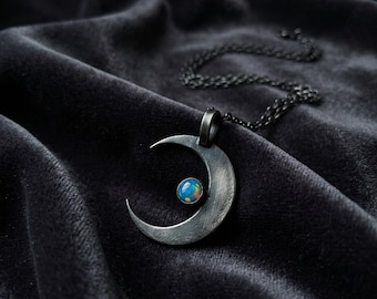 Crescent Moon Necklace Sterling Silver, Lab Opal Moon Pendant, Oxidized Gothic Celestial Necklace, Witchy Jewelry, Made to Order