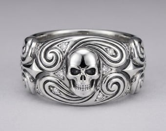 Bague tête de mort en argent sterling pour homme, anneau gothique large oxydé, bague imposante pavée de blanc, Memento Mori, fabriquée sur commande