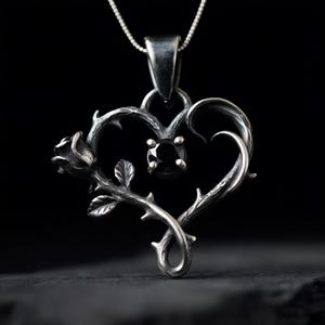 Thorn Heart Necklace — Oxidized Sterling Silver Briar Heart Pendant with Rose and Lab-Created Black Spinel, Made to Order image 3
