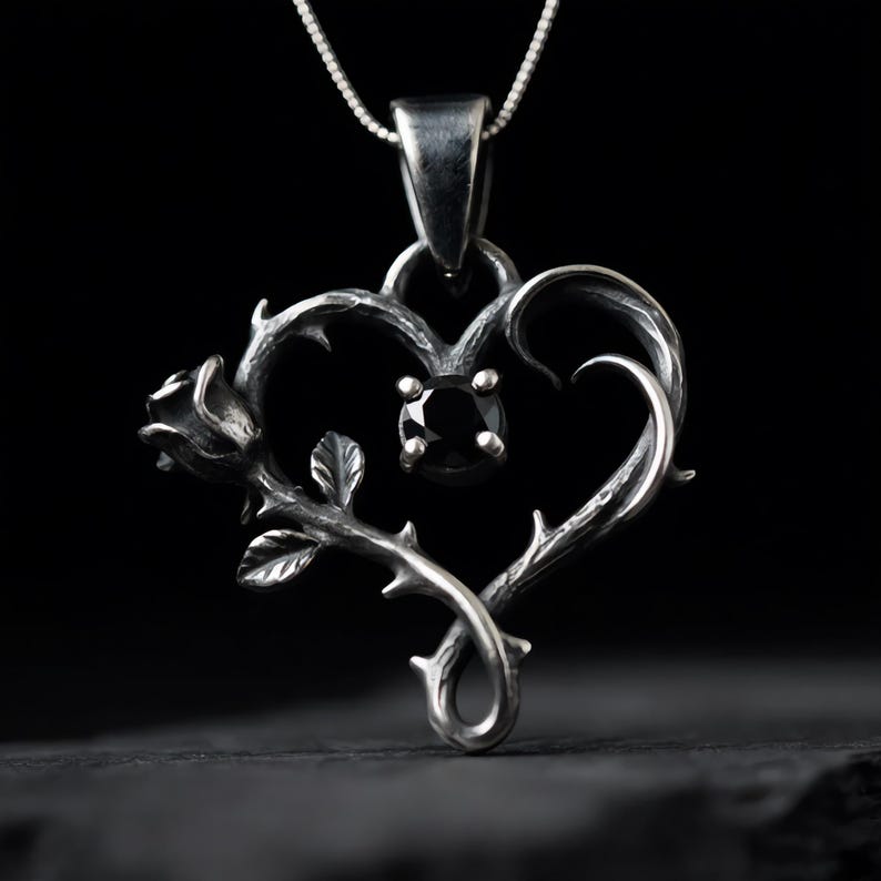 Thorn Heart Necklace — Oxidized Sterling Silver Briar Heart Pendant with Rose and Lab-Created Black Spinel, Made to Order image 3