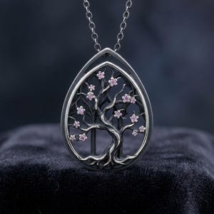 Sterling Silver Cherry Blossom Tree Necklace, Gothic Window Pendant with Pink Lab-Created Stones, Oxidized Teardrop, Made to Order image 3