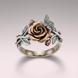 Schmetterlings-Rosen-Ring aus Sterlingsilber, zweifarbiger Blumenring in Roségold, Naturranken-Ring, Geschenk zum Schulabschluss oder Neubeginn, auf Bestellung gefertigt Bild 1