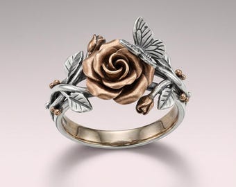 Schmetterlings-Rosen-Ring aus Sterlingsilber, zweifarbiger Blumenring in Roségold, Naturranken-Ring, Geschenk zum Schulabschluss oder Neubeginn, auf Bestellung gefertigt