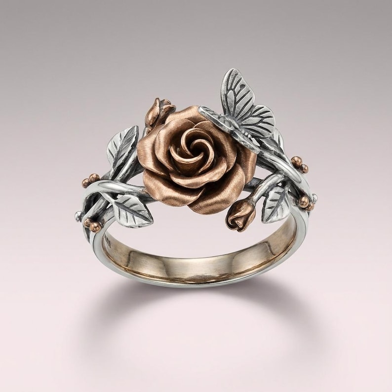 Schmetterlings-Rosen-Ring aus Sterlingsilber, zweifarbiger Blumenring in Roségold, Naturranken-Ring, Geschenk zum Schulabschluss oder Neubeginn, auf Bestellung gefertigt Bild 1