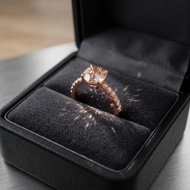 Morganite Engagement Ring Rose Gold, Blush Solitaire with Pave Band, Gilded Sterling Silver, Champagne Pink Promise Ring, Made to Order image 4