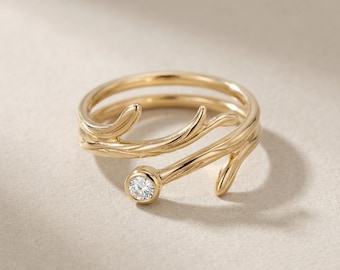 Gold Vine Ring, Adjustable Branch Wrap Ring, Dainty Nature Ring with Dew Drop Stone, Gold Plated Sterling Silver, Botanical, Made to Order