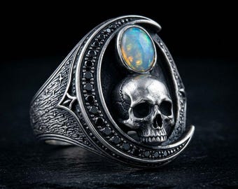 Sterling Silver Skull Ring with Lab-Created Opal, The Vigil Signet — Oxidized 925 Gothic Signet, Made to Order Memento Mori Ring