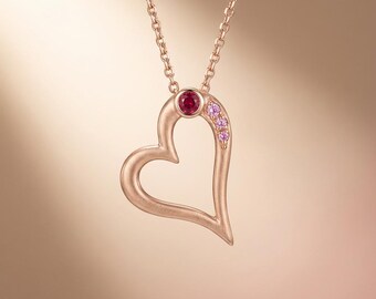 Rose Gold Heart Necklace, Ruby & Pink Stone Open Heart Pendant, Satin Matte Rose Gold Plated Sterling, Romantic Gift for Her, Made to Order