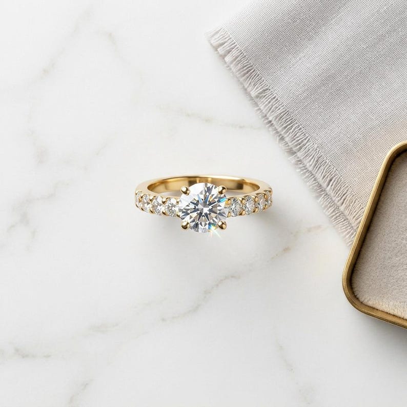 White Sapphire Engagement Ring, Gold Solitaire with Accent Side Stones, Gilded Sterling Silver, Anniversary Ring, Made to Order image 4