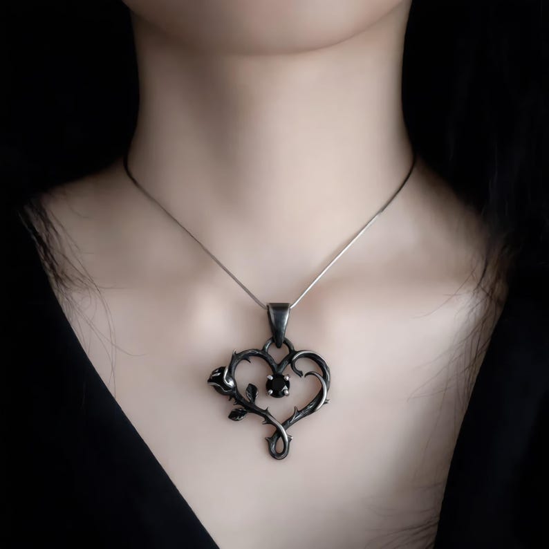 Thorn Heart Necklace — Oxidized Sterling Silver Briar Heart Pendant with Rose and Lab-Created Black Spinel, Made to Order image 2