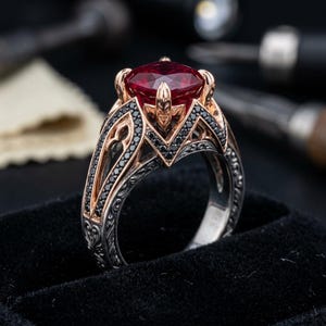 Gothic-Verlobungsring, roségoldvergoldetes Sterlingsilber, im Labor hergestellter Rubin im Kathedralen-Stil, schwarzes Pavé, auf Bestellung gefertigt