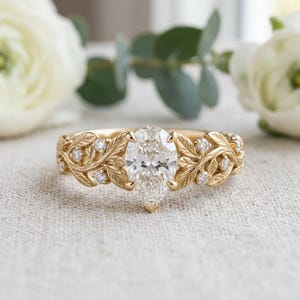 Gold Leaf Engagement Ring, Elvish Vine Ring in Gilded Sterling Silver, White Sapphire Pear or Marquise, Nature Ring, Made to Order image 1