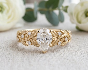 Verlobungsring mit Blattgoldverzierung, Elfenrankenring aus vergoldetem Sterlingsilber, weißer Saphir im Birnen- oder Marquise-Schliff, Naturring, auf Bestellung gefertigt
