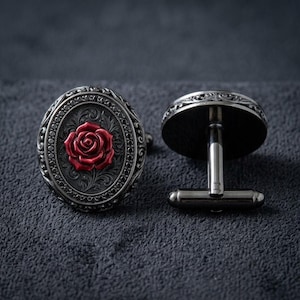 Rosenmanschettenknöpfe aus Sterlingsilber – oxidierte, gravierte Ovale mit Rosenrelief, gotische Hochzeitsmanschettenknöpfe, auf Bestellung gefertigt Bild 1