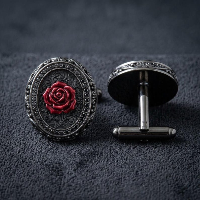 Rosenmanschettenknöpfe aus Sterlingsilber – oxidierte, gravierte Ovale mit Rosenrelief, gotische Hochzeitsmanschettenknöpfe, auf Bestellung gefertigt Bild 1