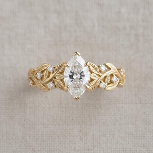 Gold Leaf Engagement Ring, Elvish Vine Ring in Gilded Sterling Silver, White Sapphire Pear or Marquise, Nature Ring, Made to Order image 4