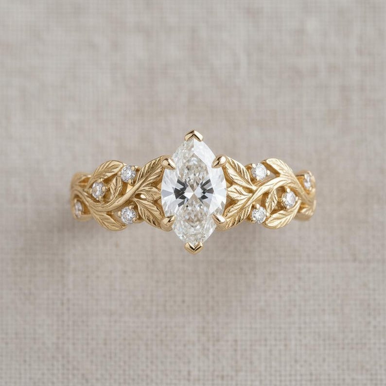 Gold Leaf Engagement Ring, Elvish Vine Ring in Gilded Sterling Silver, White Sapphire Pear or Marquise, Nature Ring, Made to Order image 4