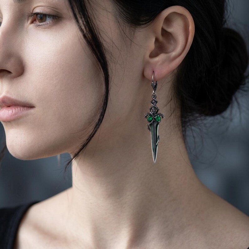 Gothic Thorn Dagger Earrings, Sterling Silver Briar Blades with Lab-Created Emerald, Oxidized, Made to Order image 2