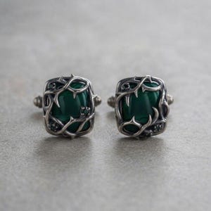 Thorn Cufflinks in Sterling Silver — Oxidized Briar Cage Around a Deep Green Cabochon, Gothic Wedding Cufflinks, Made to Order image 3