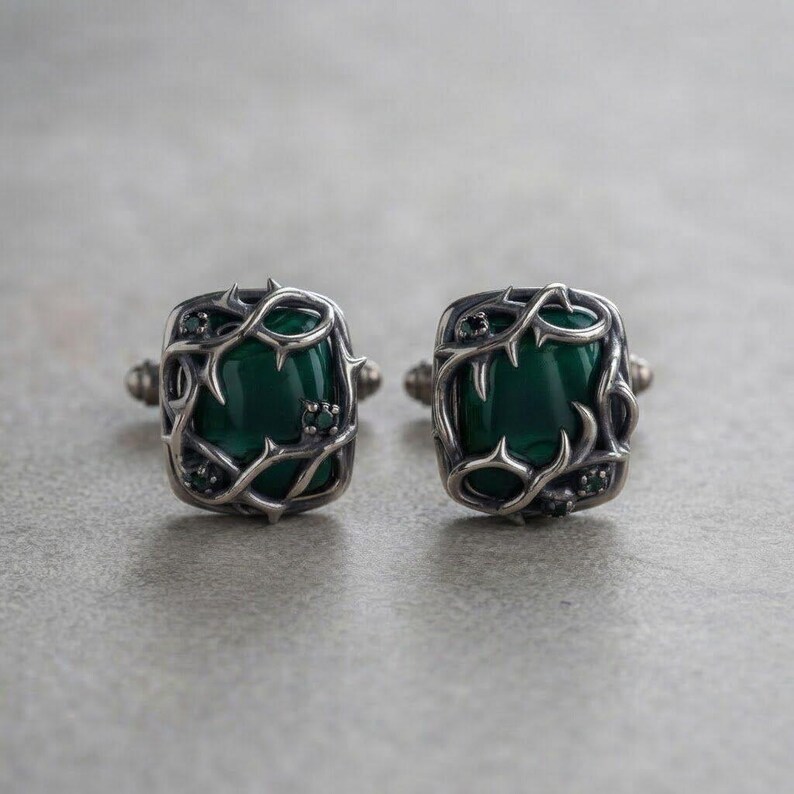 Thorn Cufflinks in Sterling Silver — Oxidized Briar Cage Around a Deep Green Cabochon, Gothic Wedding Cufflinks, Made to Order image 3