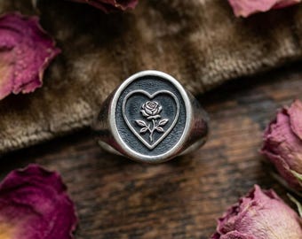 Rose Signet Ring Sterling Silver, Heart Rose Seal Ring, Oxidized Gothic Signet, Tattoo Style Ring, Witchy Jewelry, Made to Order