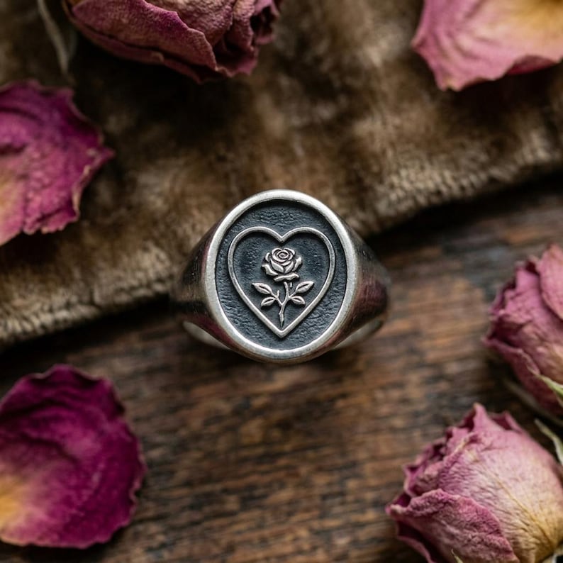 Rose Signet Ring Sterling Silver, Heart Rose Seal Ring, Oxidized Gothic Signet, Tattoo Style Ring, Witchy Jewelry, Made to Order image 1