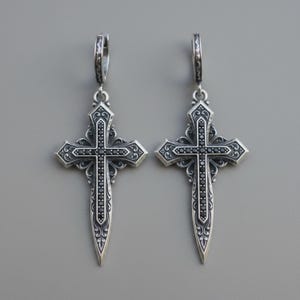 Gothic Cross Dagger Earrings — Oxidized Sterling Silver Drop Hoops with Black Cubic Zirconia, Made to Order image 3