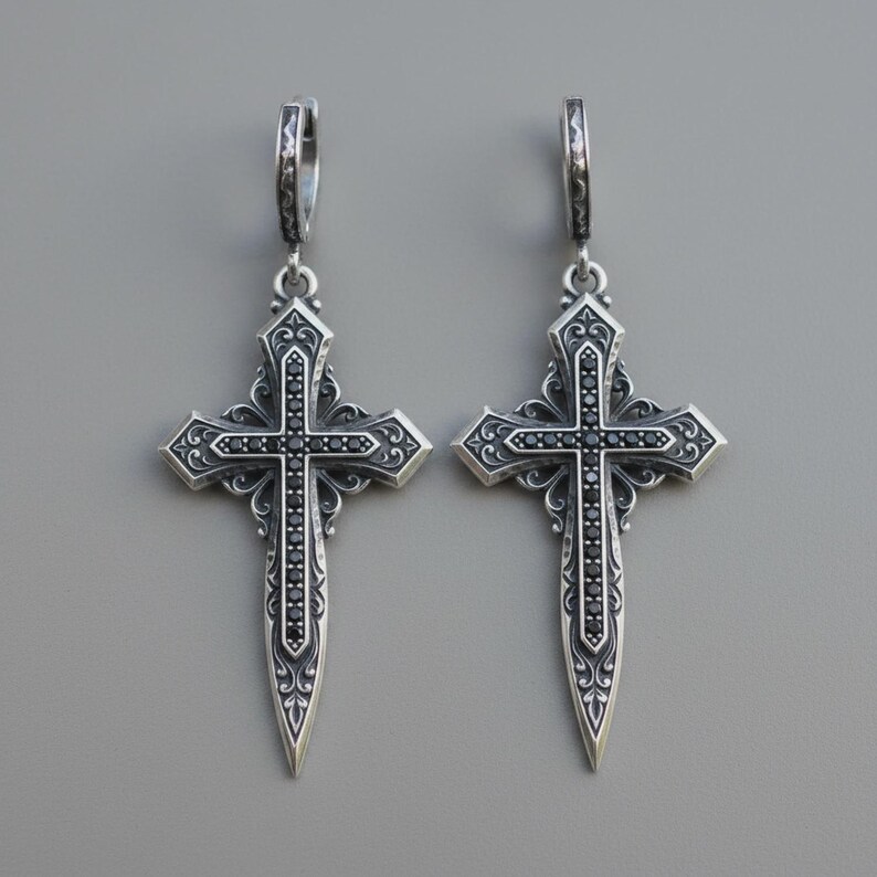 Gothic Cross Dagger Earrings — Oxidized Sterling Silver Drop Hoops with Black Cubic Zirconia, Made to Order image 3